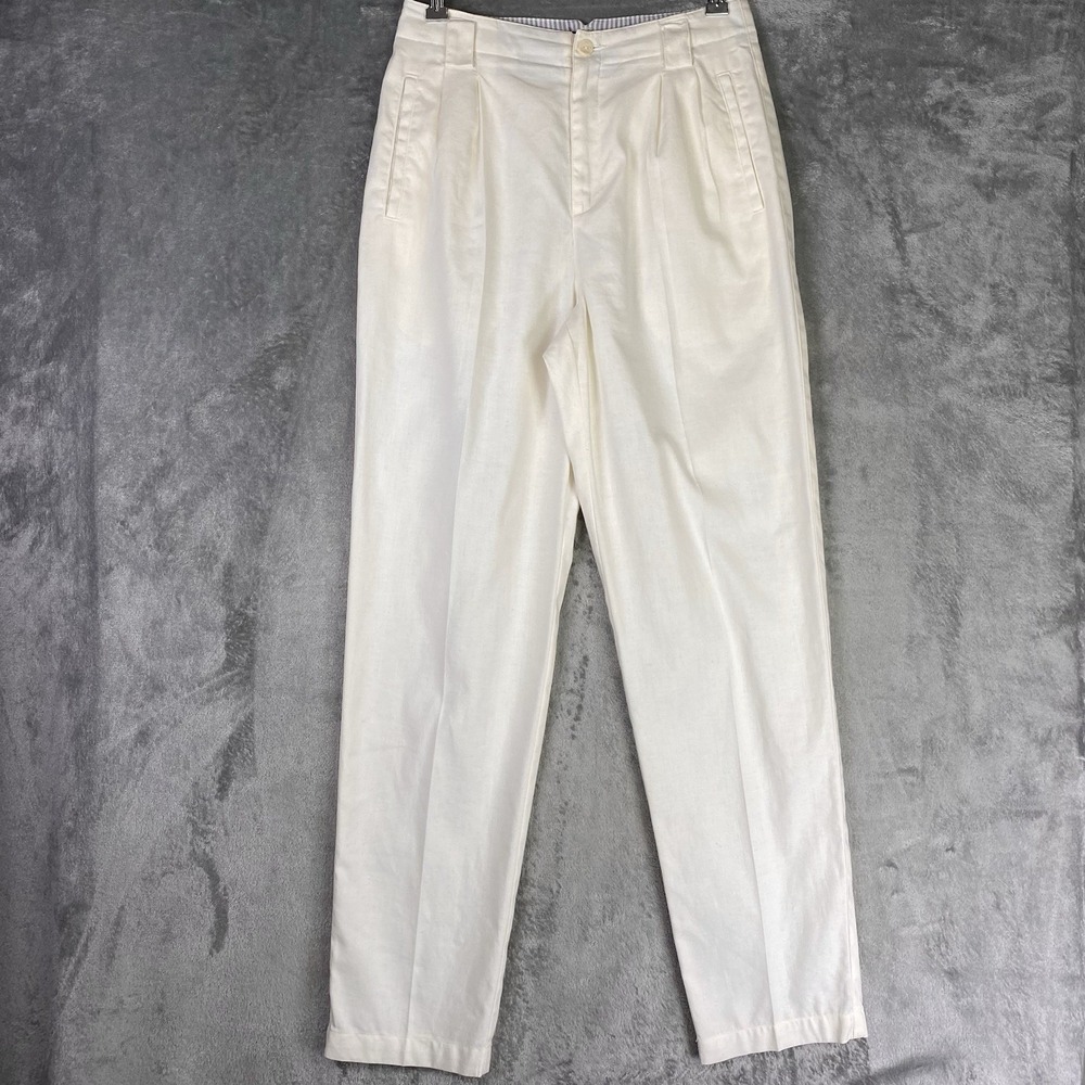Vtg Liz Claiborne Pants Womens Sz 8 Ivory Linen Pleated Drop Loop Trousers Retro